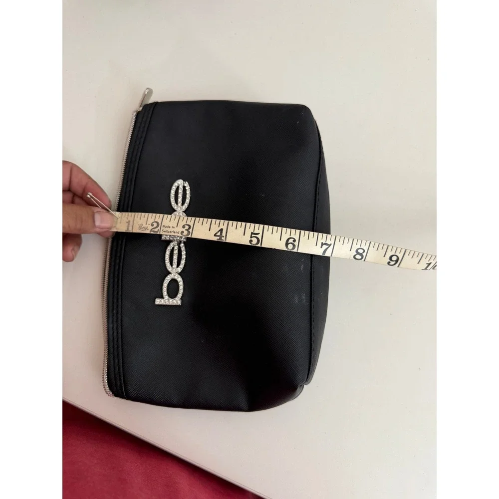 Bebe Black Saffiano Rhinestone Logo Makeup Bag Cosmetic Pouch Zip Top Organizer